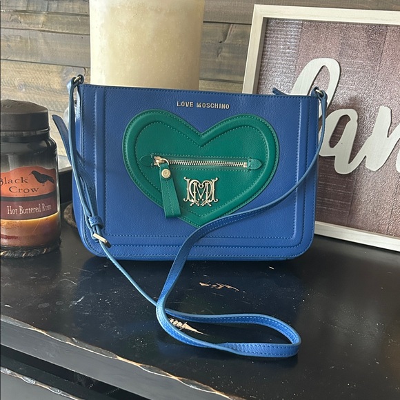 Love Moschino Handbags - Love Moschino Blue Crossbody with Green Heart Detail